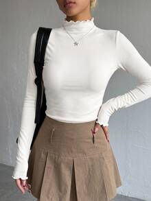 DAZY Solid Mock Neck Lettuce Trim Tee Long Sleeve Women Tops Cute Tops - White - View 7