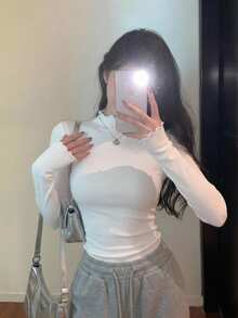 DAZY Solid Mock Neck Lettuce Trim Tee Long Sleeve Women Tops Cute Tops - White - View 11