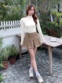 DAZY Solid Mock Neck Lettuce Trim Tee Long Sleeve Women Tops Cute Tops - White - View 9