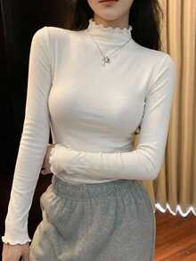 DAZY Solid Mock Neck Lettuce Trim Tee Long Sleeve Women Tops Cute Tops - White - View 10