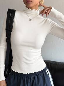 DAZY Solid Mock Neck Lettuce Trim Tee Long Sleeve Women Tops Cute Tops - White - View 8