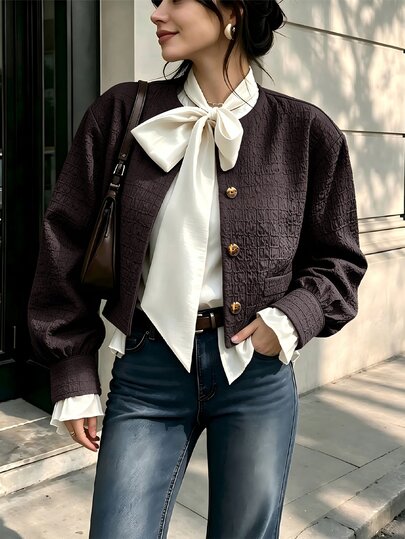 Cévolie Women's Textured Long Sleeve Casual Cropped Silhouette Jacket