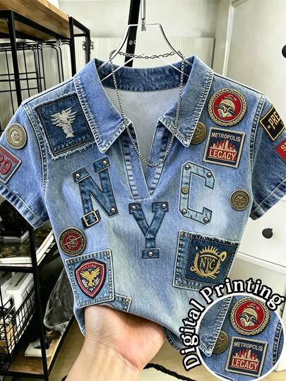 Resyla [Denim Effect] Women's Outerwear Top, Summer New Blue Pattern Gradient Color Polo Collar T-Shirt, Student Holiday Women's T-Shirt, Everyday Going Out Streetwear