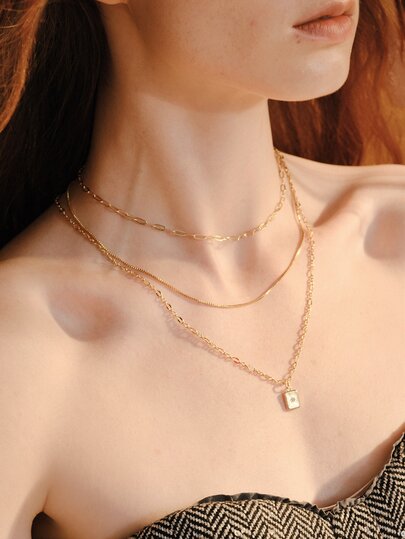 Opalesca 3pcs/Set Gold Tone Multi-Layer Geometric Paperclip & Cubic Zirconia Rectangle Pendant Necklace Jewelry Set