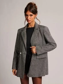 SHEIN BAE 紋理亮片大尺寸優雅休閒西裝外套 長袖閃亮面料西裝夾克 辦公商務早午餐 夏季 深灰色 黑白 秋季 - 黑與白 - 查看 5