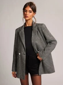 SHEIN BAE 紋理亮片大尺寸優雅休閒西裝外套 長袖閃亮面料西裝夾克 辦公商務早午餐 夏季 深灰色 黑白 秋季 - 黑與白 - 查看 4
