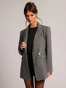 SHEIN BAE 紋理亮片大尺寸優雅休閒西裝外套 長袖閃亮面料西裝夾克 辦公商務早午餐 夏季 深灰色 黑白 秋季 - 黑與白 - 查看 3