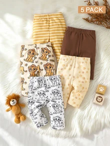 SHEIN Bộ 5 quần cho bé trai sơ sinh, họa tiết sao & trăng, sọc xanh nhạt, màu trơn, họa tiết gấu, chất liệu mềm - Nhiều màu - Xem 2