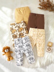 SHEIN Bộ 5 quần cho bé trai sơ sinh, họa tiết sao & trăng, sọc xanh nhạt, màu trơn, họa tiết gấu, chất liệu mềm - Nhiều màu - Xem 3