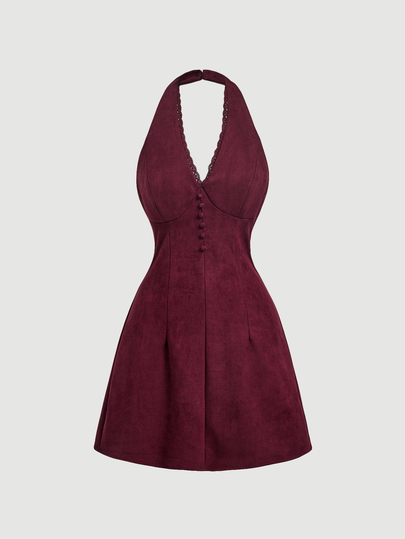 Skyraze Women's Solid Color Button Design Elegant Vintage Halter Neck Mini Dress Holiday Bday Shades Of Brown Autumn.Halloween.Back To School.