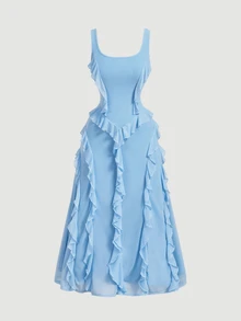SHEIN MOD Dark Red Elegant Romantic Summer Party Date Midi Dress,Solid Ruched Flounce Hem Chiffon Cami,Asymmetrical Multi-Laye Ruffle Wedding Guest Gown - Blue - View 1