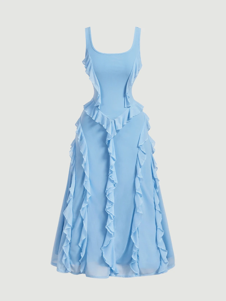 SHEIN MOD Dark Red Elegant Romantic Summer Party Date Midi Dress,Solid Ruched Flounce Hem Chiffon Cami,Asymmetrical Multi-Laye Ruffle Wedding Guest Gown - Blue - View 1
