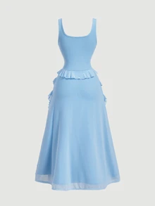 SHEIN MOD Dark Red Elegant Romantic Summer Party Date Midi Dress,Solid Ruched Flounce Hem Chiffon Cami,Asymmetrical Multi-Laye Ruffle Wedding Guest Gown - Blue - View 2