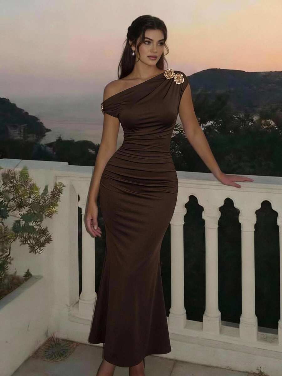 Skyraze Asymmetric One-Shoulder Mid-Length Dress – Elegant Sexy One Shoulder Design Date Party Chocolate Brown Summer - Brown - View 1
