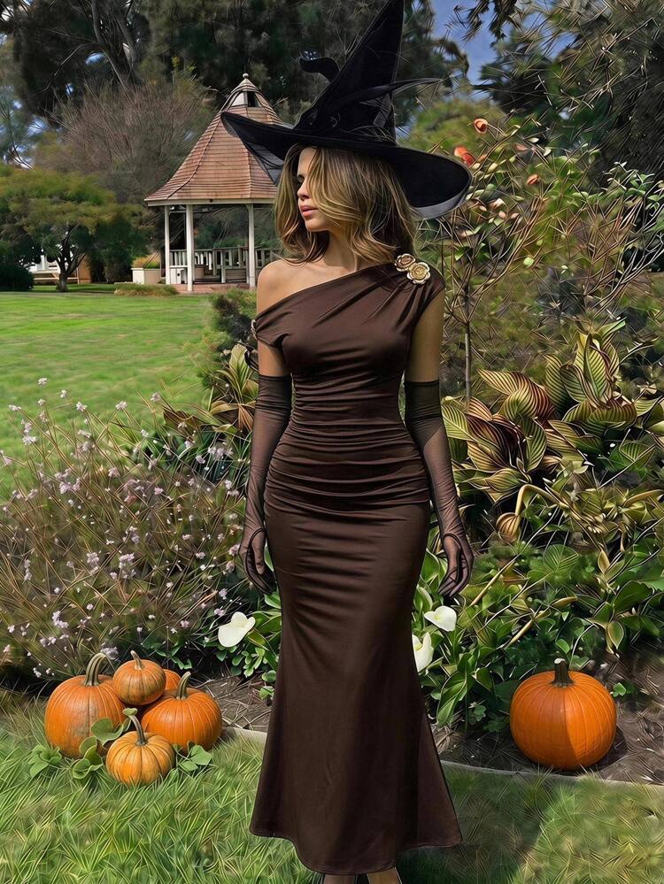 Skyraze Asymmetric One-Shoulder Mid-Length Dress – Elegant Sexy One Shoulder Design Date Party Chocolate Brown Summer - Brown - View 5