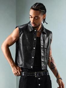 ROMWE MEN Men's Crocodile Skin Textured Fashion Versatile Vest Top - Black - View 1
