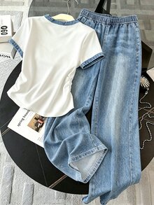 Resyla Women's 2-Piece Set, Casual Minimalist Style Outfit, Suitable For Daily Casual Wear, Women's Short Sleeve Top And Long Pants, Summer Women's Outfit, Latest Women's Top, Fashion Set - Multicolor - View 2