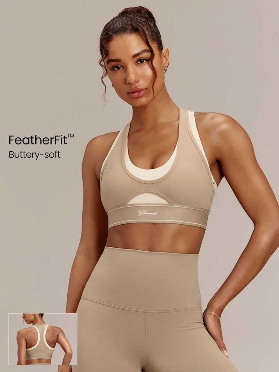 GLOWMODE FeatherFit™ Double Glow 2-In-1 Sports Bra With Removable Cups & Logo Elastic Band Yoga Studio Daily Active Wear - Volcanic Gray - View 1