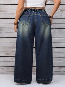 SHEIN CURVE+ Plus Size Women Pocket Button Casual Versatile Daily Wear Wide Leg Jeans - Blue - View 3