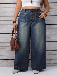 SHEIN CURVE+ Plus Size Women Pocket Button Casual Versatile Daily Wear Wide Leg Jeans - Blue - View 2