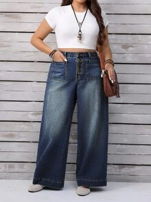 SHEIN CURVE+ Plus Size Women Pocket Button Casual Versatile Daily Wear Wide Leg Jeans - Blue - View 8