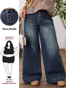 SHEIN CURVE+ Plus Size Women Pocket Button Casual Versatile Daily Wear Wide Leg Jeans - Blue - View 1