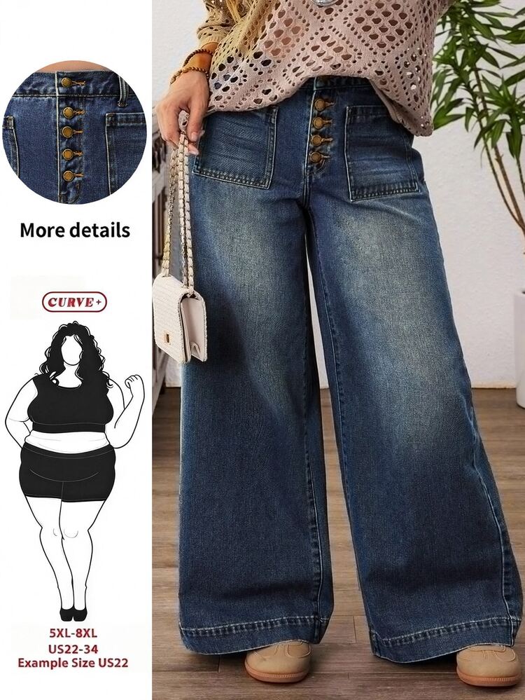 SHEIN CURVE+ Plus Size Women Pocket Button Casual Versatile Daily Wear Wide Leg Jeans - Blue - View 1
