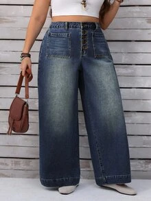 SHEIN CURVE+ Plus Size Women Pocket Button Casual Versatile Daily Wear Wide Leg Jeans - Blue - View 6