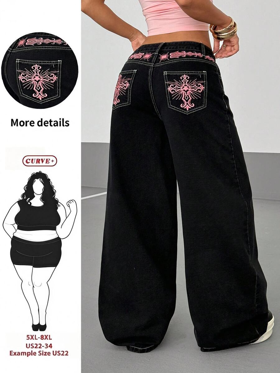 SHEIN CURVE+ Plus Size Women Street Style Fashion Loose Fit Jeans - Black - View 1