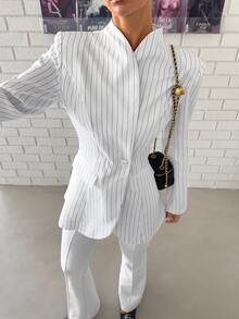 Siren Gaze Women's Striped Casual Versatile Commuter Travel Blazer - White - View 2