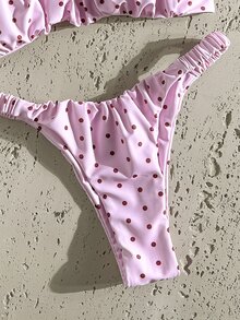 SHEIN Swim Women's Summer/Fall Print Thick Strap Ruched High Cut Sexy Tropical Bikini Set Beach Vacation Light Pink Polka Dot Two Piece Set Swimwear Bikini - Multicolor - View 5
