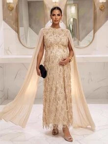 MaterniChic Maternity Luxury Elegant Sequin Dress For Evening Party - Apricot - View 2
