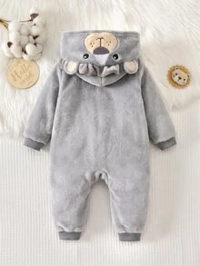 Cozy Pixies Baby Boy Cartoon Lion Pattern Thermal Lined Thick Hooded Zip-Up Long Sleeve One-Piece Winter Pants, Versatile And Comfortable - Grey - View 2