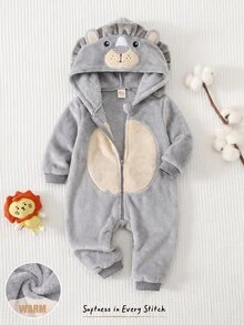 Cozy Pixies Baby Boy Cartoon Lion Pattern Thermal Lined Thick Hooded Zip-Up Long Sleeve One-Piece Winter Pants, Versatile And Comfortable - Grey - View 7