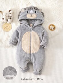 Cozy Pixies Baby Boy Cartoon Lion Pattern Thermal Lined Thick Hooded Zip-Up Long Sleeve One-Piece Winter Pants, Versatile And Comfortable - Grey - View 4