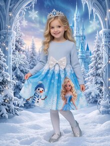 SHEIN Young Girl Snowflake Print Bow Decor Long Sleeve Cute Dress - Blue - View 7