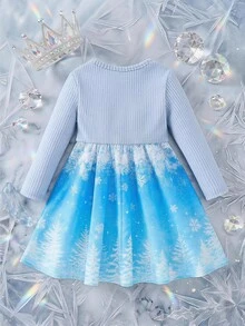 SHEIN Young Girl Snowflake Print Bow Decor Long Sleeve Cute Dress - Blue - View 6