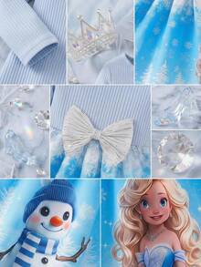 SHEIN Young Girl Snowflake Print Bow Decor Long Sleeve Cute Dress - Blue - View 9
