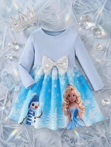 SHEIN Young Girl Snowflake Print Bow Decor Long Sleeve Cute Dress - Blue - View 5