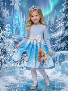 SHEIN Young Girl Snowflake Print Bow Decor Long Sleeve Cute Dress - Blue - View 8