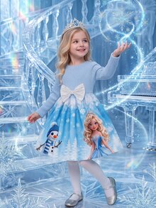 SHEIN Young Girl Snowflake Print Bow Decor Long Sleeve Cute Dress - Blue - View 4