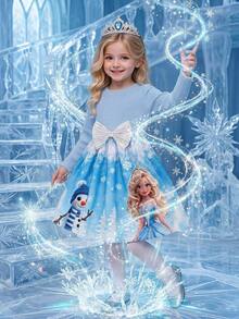 SHEIN Young Girl Snowflake Print Bow Decor Long Sleeve Cute Dress - Blue - View 3