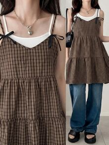 DAZY Women's Summer Casual Plaid Camisole Top Fall - Brown - View 4