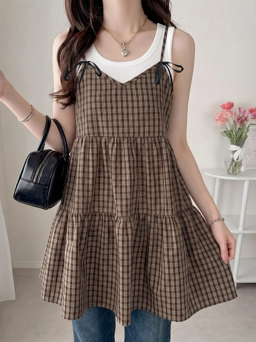DAZY Women's Summer Casual Plaid Camisole Top Fall - Brown - View 1