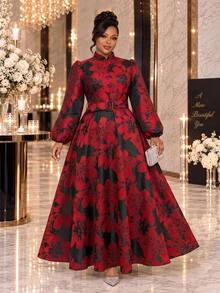 Fleurora Plus Size Elegant Floral Print Button Dress Fall Christmas Dinner Evening Black - Multicolor - View 2