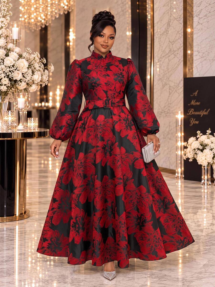 Fleurora Plus Size Elegant Floral Print Button Dress Fall Christmas Dinner Evening Black - Multicolor - View 1