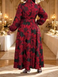 Fleurora Plus Size Elegant Floral Print Button Dress Fall Christmas Dinner Evening Black - Multicolor - View 3