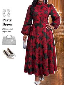 Fleurora Plus Size Elegant Floral Print Button Dress Fall Christmas Dinner Evening Black - Multicolor - View 5