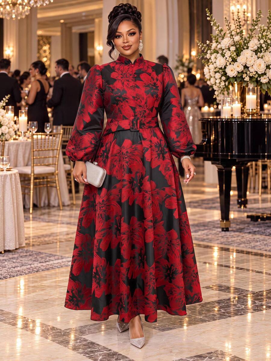 Fleurora Plus Size Elegant Floral Print Button Dress Fall Christmas Dinner Evening Black - Multicolor - View 1