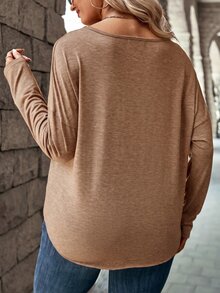 SHEIN LUNE 女款純色休閒V領鈕扣長袖大尺碼T恤 秋季 - 卡其色 - 查看 2